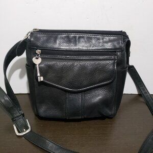 Vtg Fossil Black Leather Crossbody Shoulder Bag 75082 with Key